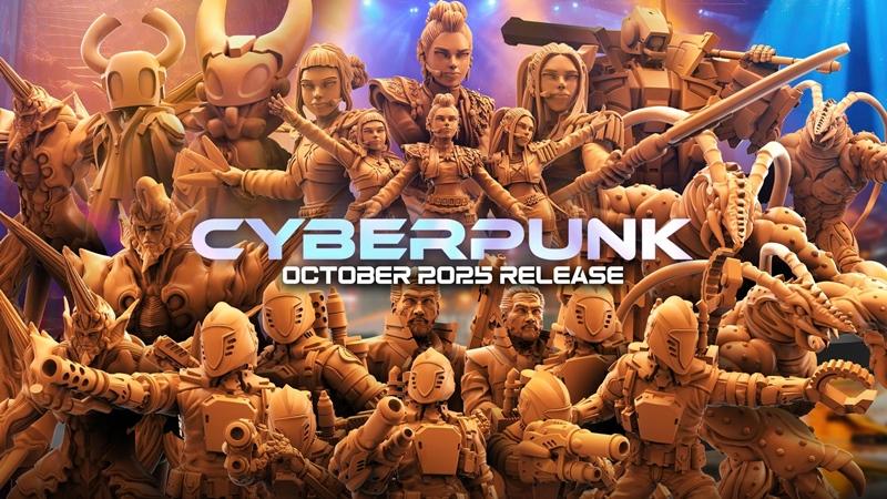 Collection of cyberpunk-themed 3D printable miniatures by Papsikels Miniatures, featuring soldiers, robots, and monst...