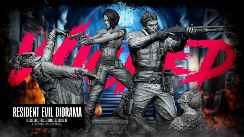 Resident Evil diorama 3D model featuring male and female characters in tactical gear, armed with guns and a shotgun,...