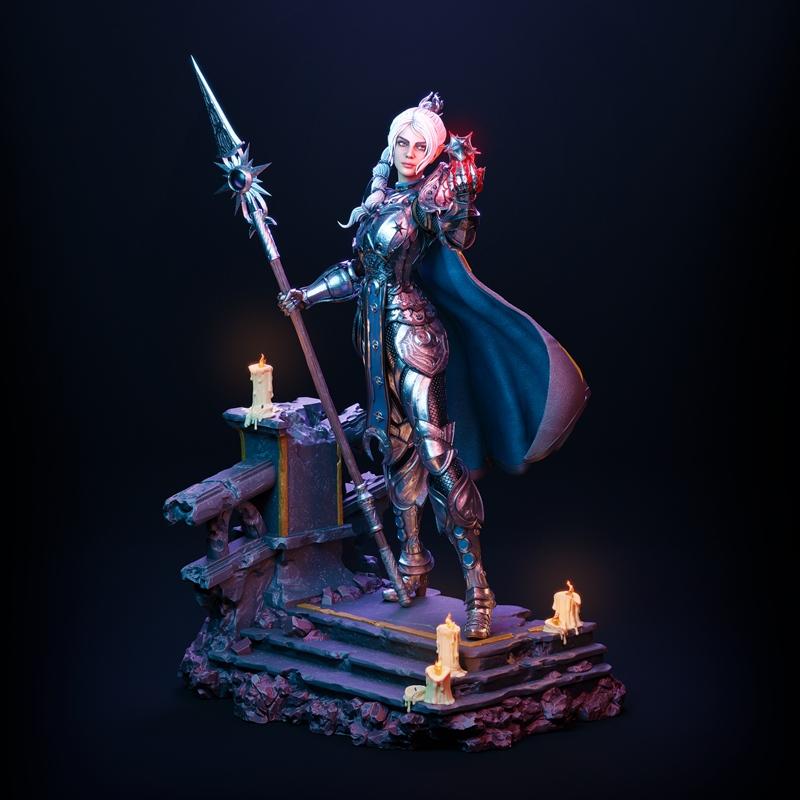 Female warrior 'Shadow' in full plate armor holding a spear and a glowing orb, standing on a ruined base with candles...