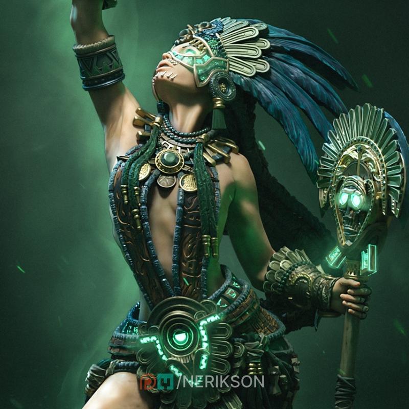 Necalin, the Priestess of Death, a female figure with a feathered headdress and tribal attire, holding a glowing skul...