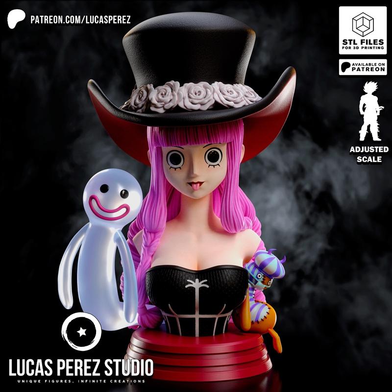 Perona bust from One Piece, featuring pink hair, a black corset, and a rose-adorned hat. Accompanied by two ghostly f...
