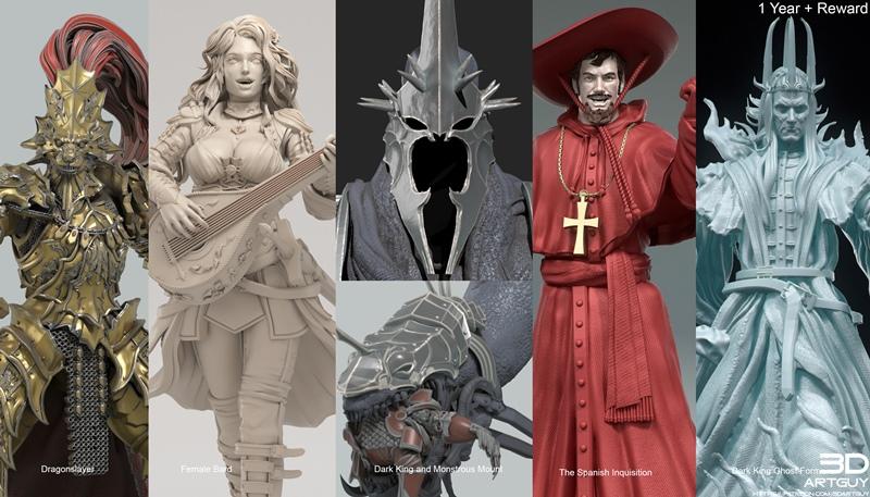 Collage of five 3D printable fantasy figures: a golden armored Dragonslayer, a Female Bard with a lute, a Dark King i...