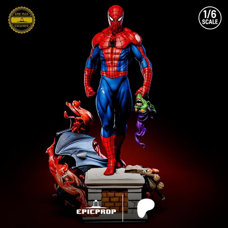 Spiderman figure in 1/6 scale, standing heroically and holding the Green Goblin by the head. The diorama base include...