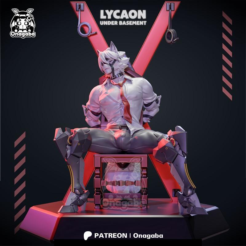 Lycaon character figure, a male wolf-person in a white shirt and tie, bound to an X-frame, seated on a stool with mec...