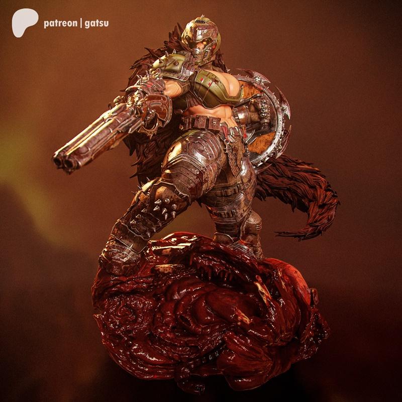 Doom Girl figure in heavy sci-fi armor, holding a double-barreled shotgun, standing on a bloody demonic base. Studio...