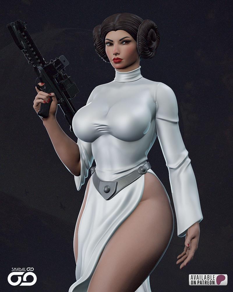 3D model of Princess Leia in a revealing white dress, holding a blaster rifle. Stylized, mature aesthetic with exagge...
