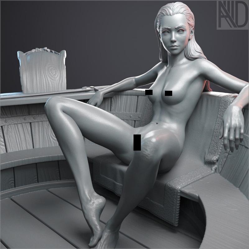 Nude woman reclining on a wooden bench, detailed sculpt with flowing hair, AID studio logo visible.