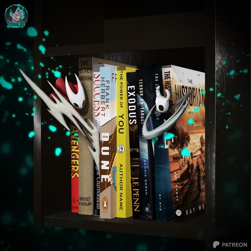 Two Hollow Knight character bookmarks, The Knight and Hornet, are displayed on a bookshelf between books. The Knight...