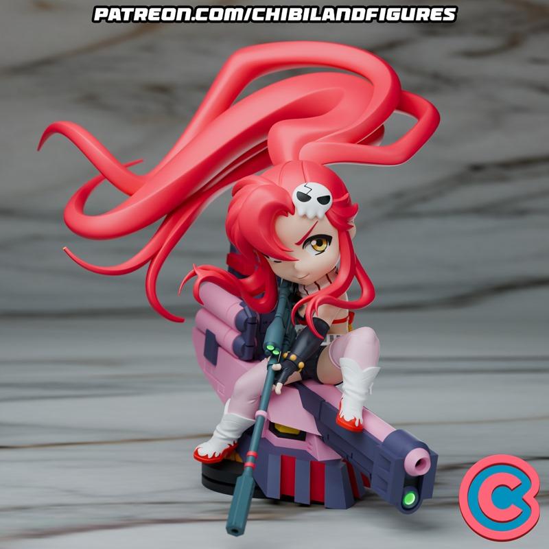 Chibi Yoko Littner from Gurren Lagann sitting on a mecha part, holding a rifle. She has long pink hair with a skull a...