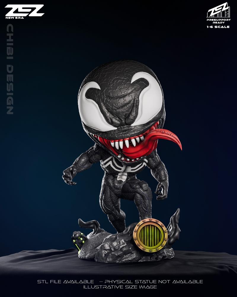 Chibi Venom figure with large white eyes, red mouth, sharp teeth, and long tongue, standing on a rocky base with a ci...