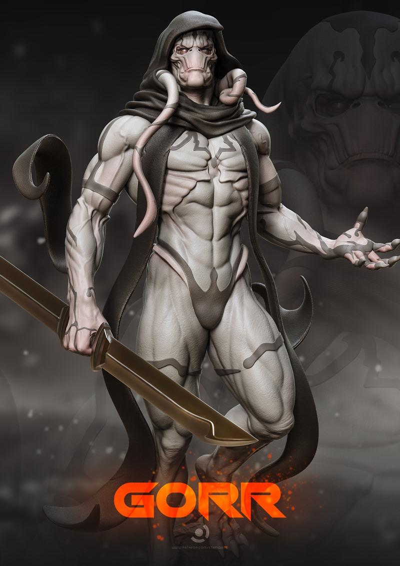 Muscular, hooded figure of Gorr from Marvel Comics, holding a sword, with detailed musculature and alien features.