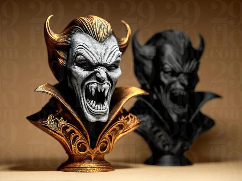 Grayscale and black 3D printable bust of Dracula with bared fangs, sharp horns, and ornate cape collar.