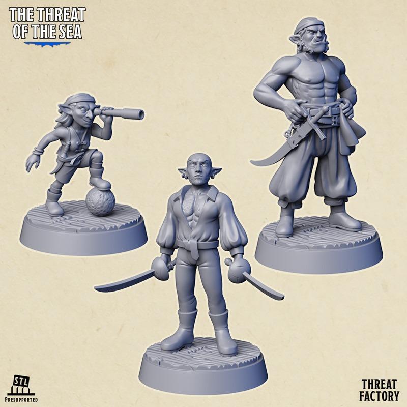 Three 3D printed pirate miniatures: one with a spyglass on a cannonball, one muscular pirate with two cutlasses, and...