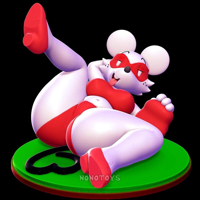 Stylized 3D model of Ms. Mowz, an anthropomorphic mouse character in a red bikini and mask, lying suggestively on a g...
