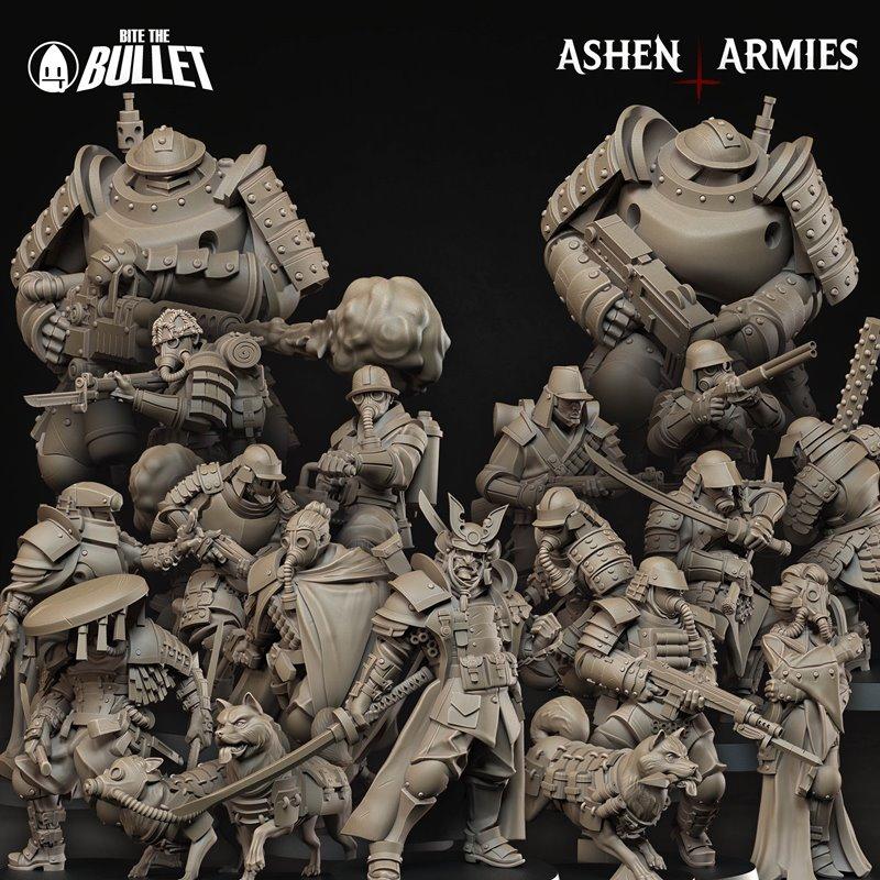 Collection of 3D printable miniatures from Bite the Bullet's Bullet Crusade, featuring samurai-inspired soldiers, mec...