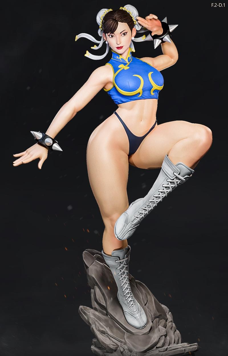 Chun-Li figure in a dynamic combat pose, wearing a blue crop top and dark bikini, with spiked bracelets and tall lace...