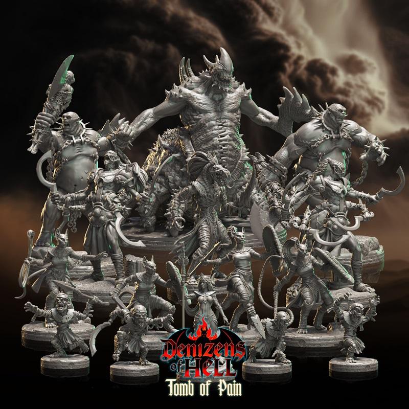 Collection of fantasy miniatures: a large central demon, hulking brutes with weapons, agile cat-like figures with whi...