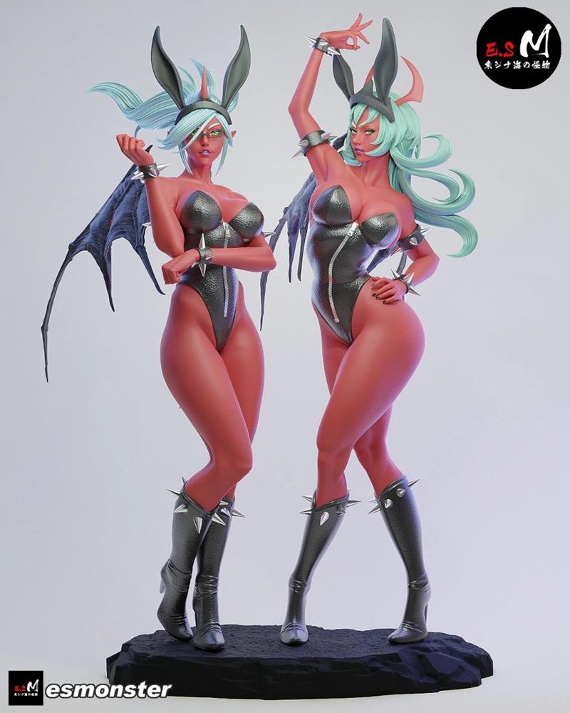Two stylized succubus figures, Kneesocks and Scanty, with red skin, wings, and bunny ears, wearing silver leotards an...