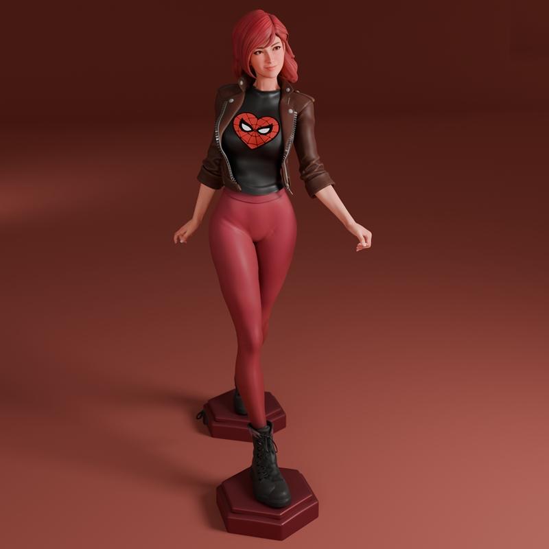Mary Jane Watson 3D model with red hair, wearing a leather jacket over a t-shirt with a spider heart logo, red pants,...