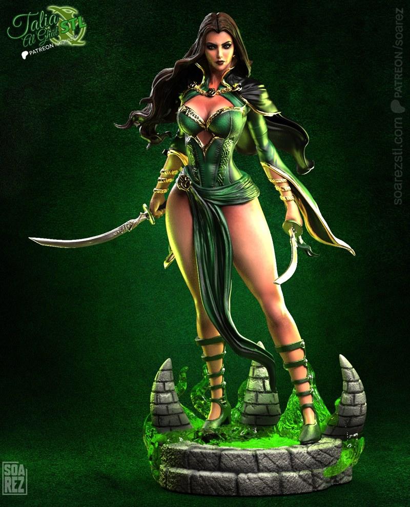 Talia Al Ghul 3D model by Soarez 3D, standing on a stone base with green mystical effects, holding two swords, wearin...