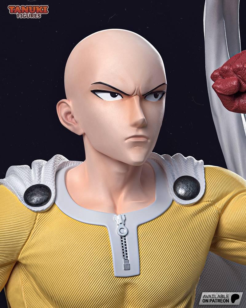 Saitama from One Punch Man in a yellow suit with a zipper and white cape, looking determined. Tanuki Figures 3D model.