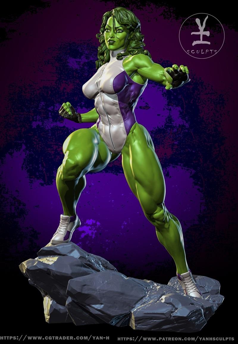 Muscular She-Hulk figure in a white and purple leotard and sneakers, posed heroically on a rock base. Detailed sculpt...