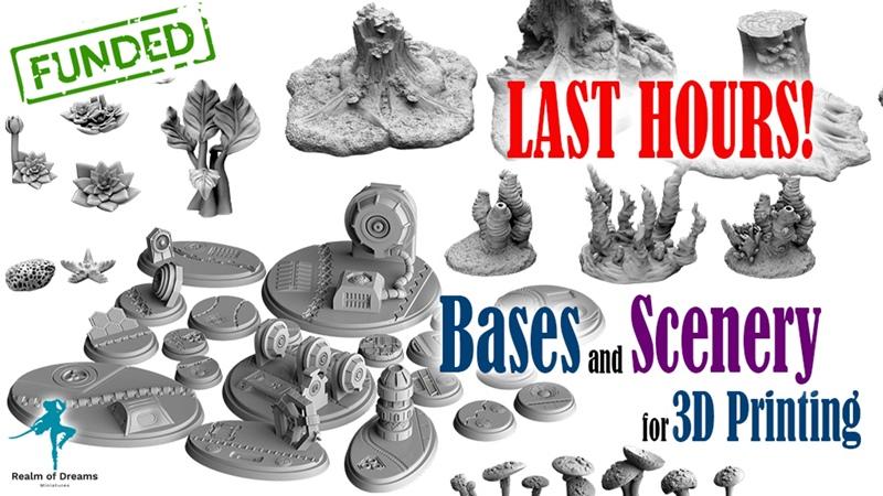 Collection of 3D printable bases and scenery from Realm of Dreams Miniatures, featuring sci-fi and fantasy elements,...
