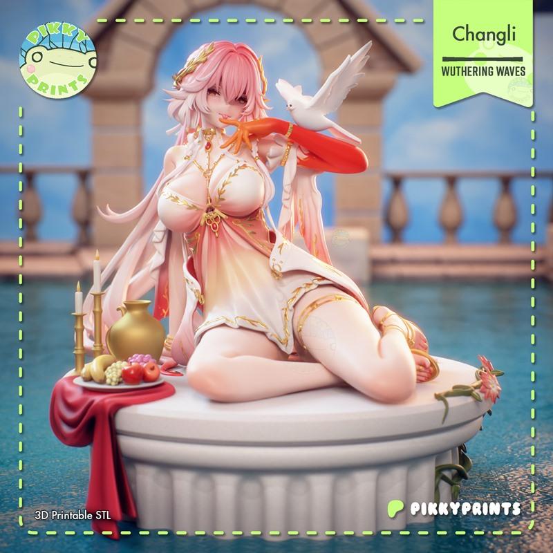 Pikky Prints 3D model of Changli from Wuthering Waves, reclining on a pedestal with a dove, wearing an ornate white a...