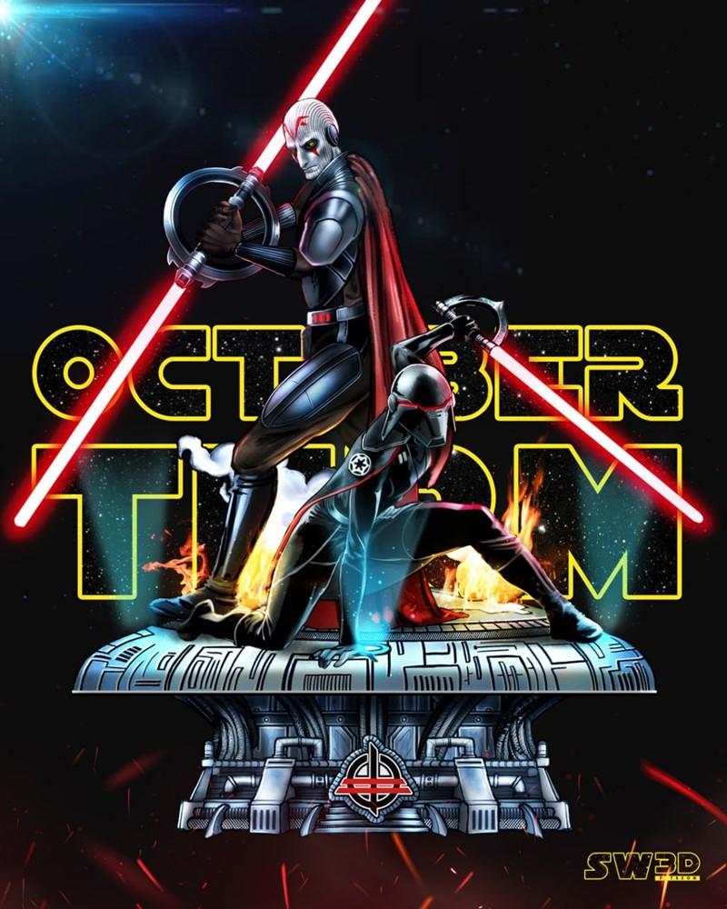 Gran Inquisitor and Second Sister from Star Wars in dynamic combat poses with red lightsabers, standing on an ornate...