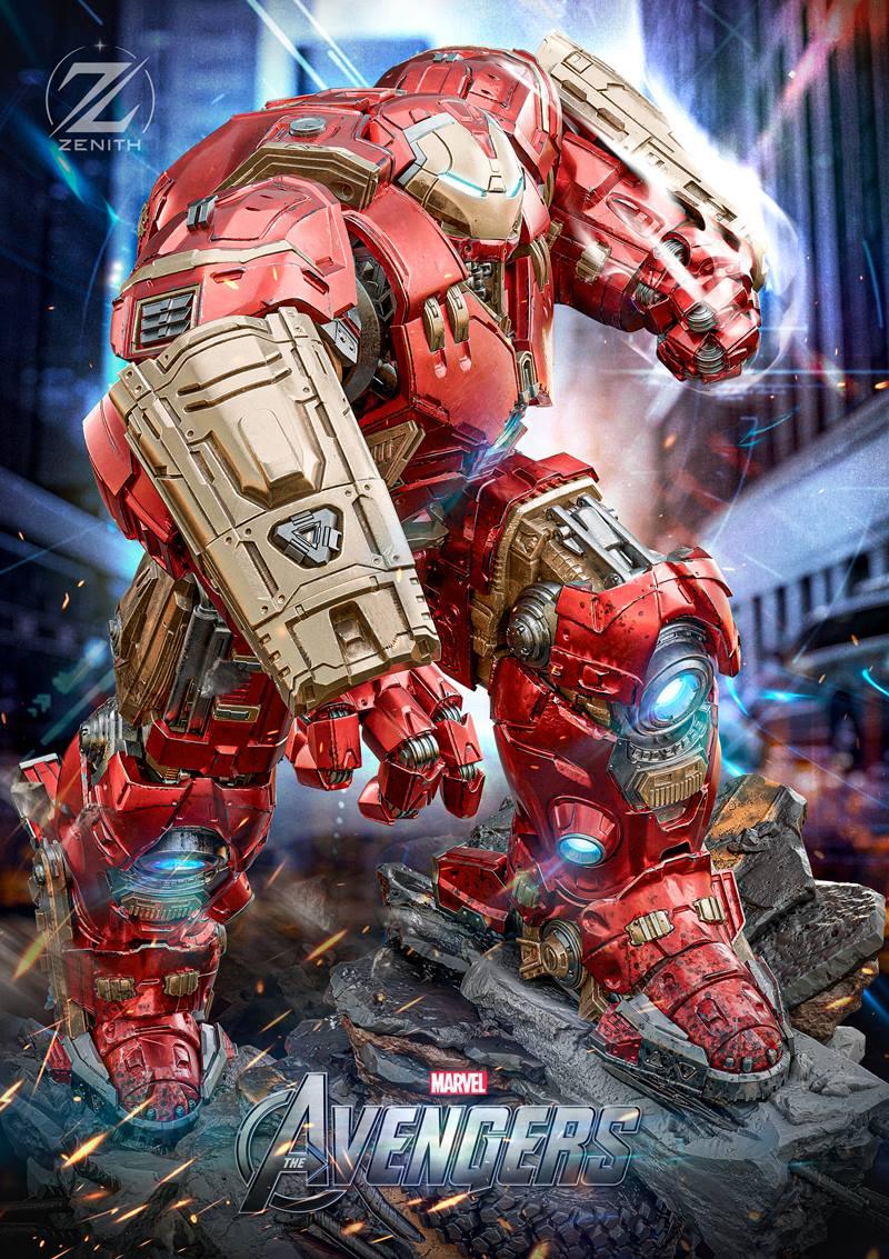 Hulkbuster armor, a massive red and gold mech suit with glowing blue lights, posed heroically on a rocky base. Zenith...