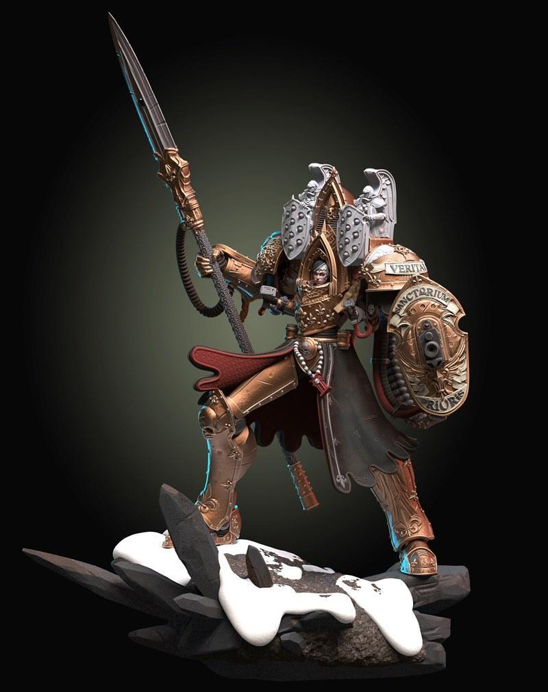 Morvenn Vahl, Abbess Sanctorum, in ornate golden power armor, holding a spear and shield, standing on a snowy rock ba...