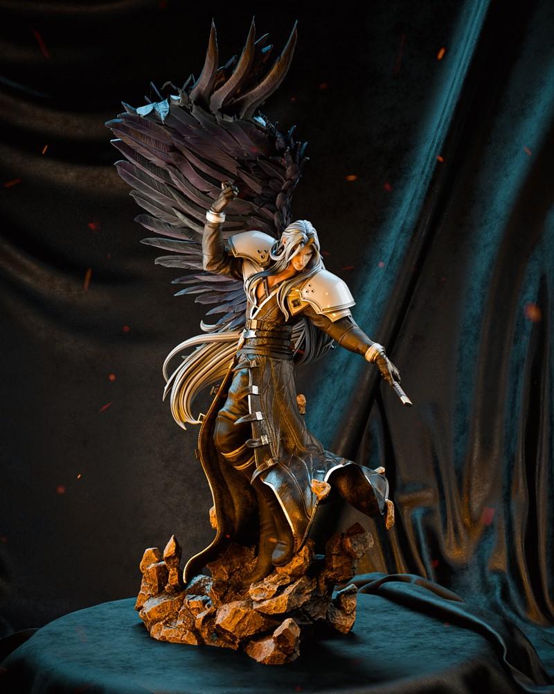 Sephiroth figure with large dark wings, wearing a long black coat and shoulder pauldrons, standing on a rocky base. M...