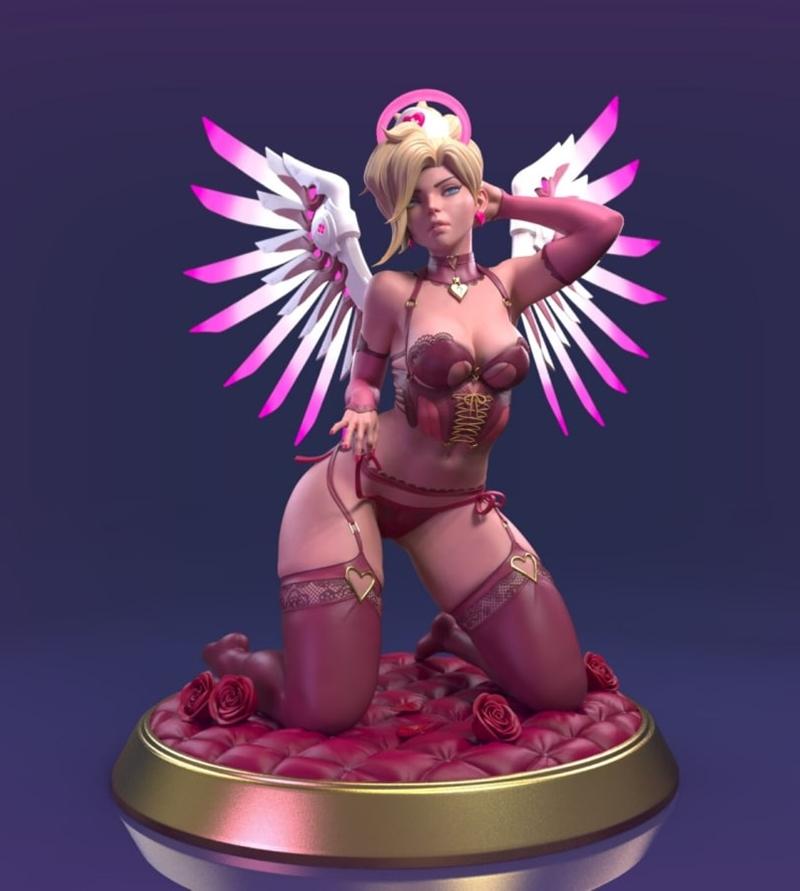 Mercy from Overwatch in revealing lingerie, kneeling on a rose-covered cushion with large pink and white wings spread.