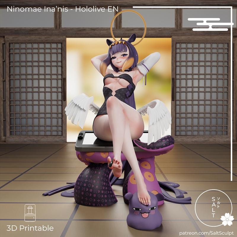 Ninomae Ina'nis Hololive EN 3D model figure, seated with hands behind head, wearing black outfit, white wings, and ha...