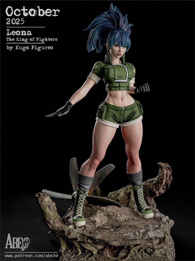 Leona Heidern 3D model by Abe3D, wearing a green military outfit with shorts and boots, in an action pose on a detail...