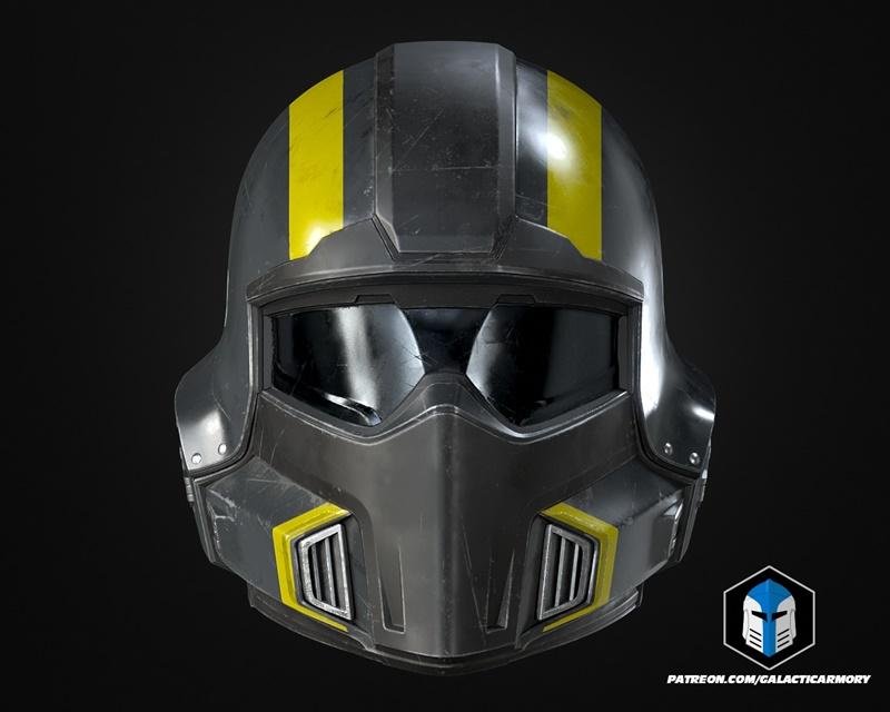 Close-up of a 3D printed Helldivers B-01 helmet, featuring a dark grey finish with yellow stripes and vents, showing...