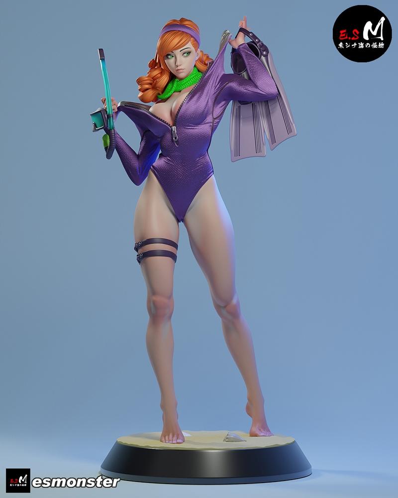Daphne Blake 3D model in a purple diving suit, green scarf, and thigh straps, holding a diving tool, barefoot on a sa...