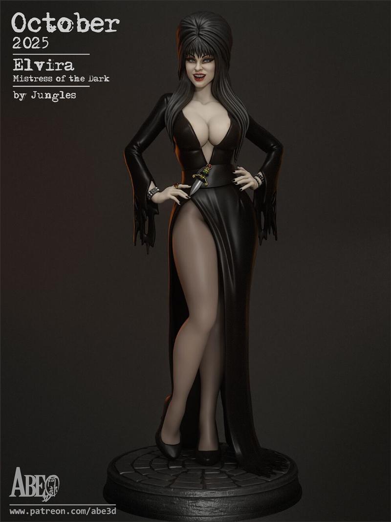 Elvira, Mistress of the Dark, a 3D model figure by Abe3D, wearing a black gown with a deep V-neck and high slit, hold...