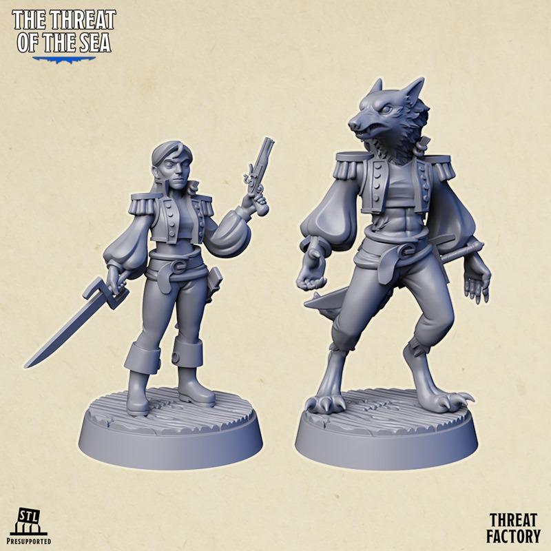 Werewolf captain in naval uniform holding a pistol, and a human captain in similar attire holding a sword and pistol,...