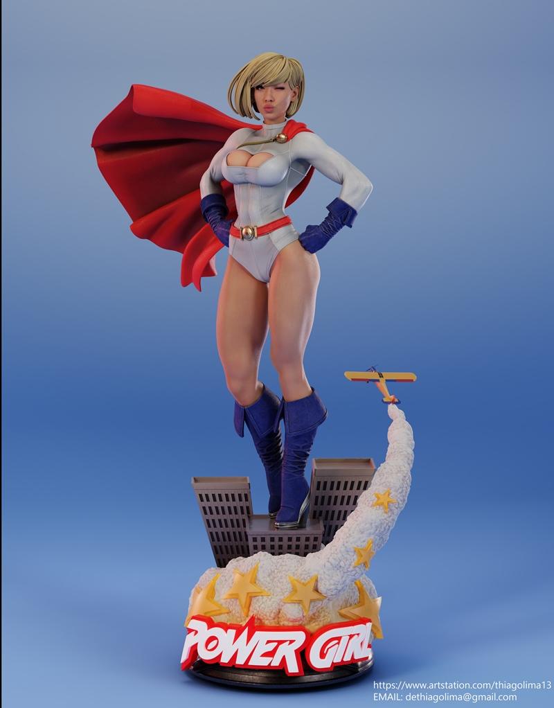Power Girl 3D model figure by E.S Monster, standing heroically on a cityscape base with a red cape, white costume, bl...