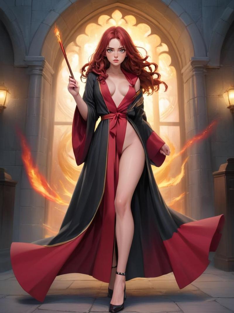 Anime-style figure of Cassandra Wren with red hair, holding a magic wand. She wears a dark and red robe open to revea...