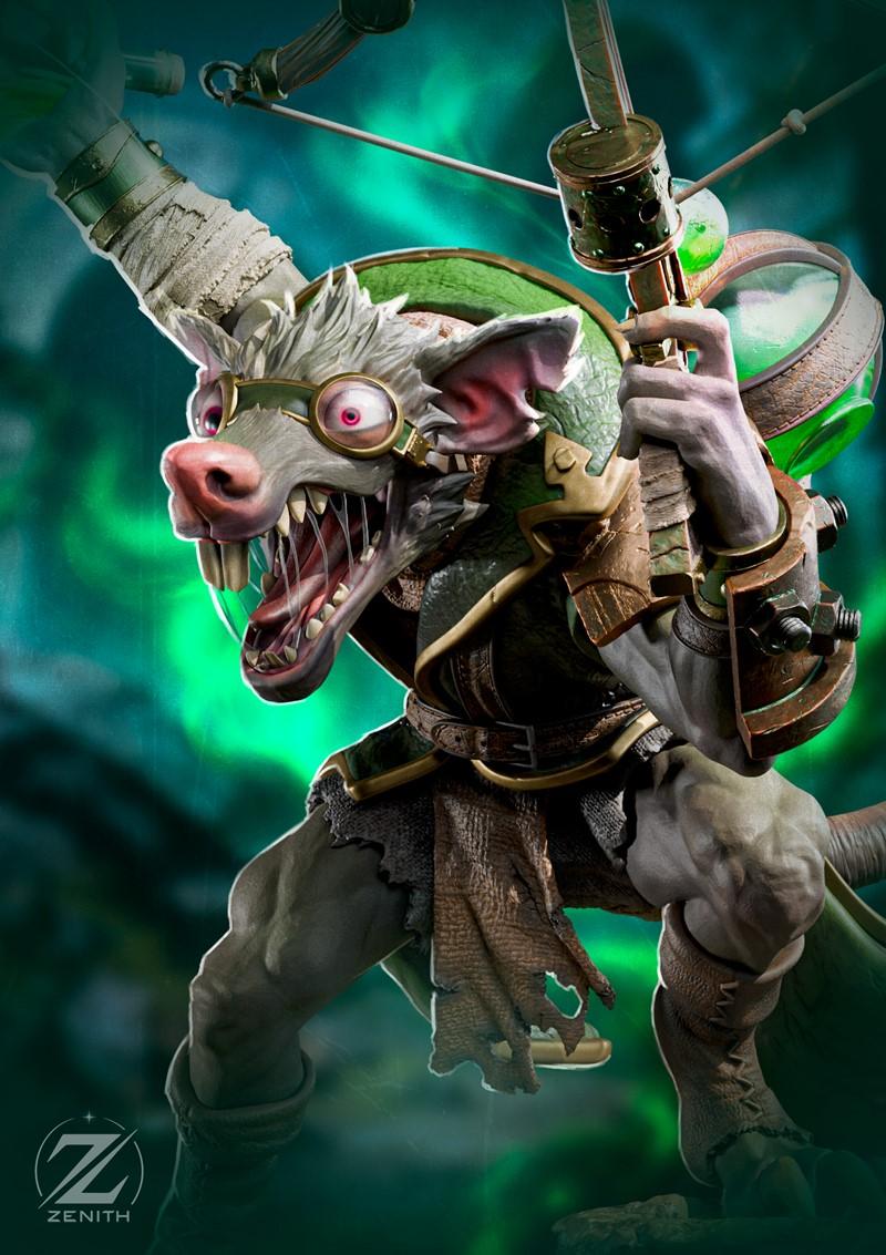 Zenith Studios 3D model of Twitch from League of Legends, a mutated rat creature with goggles, tattered clothes, and...