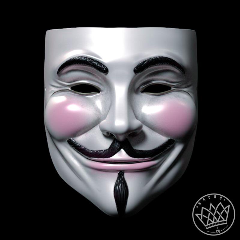 Close-up of a 3D model of the Guy Fawkes mask from V for Vendetta, white with black mustache and goatee, pink blush o...