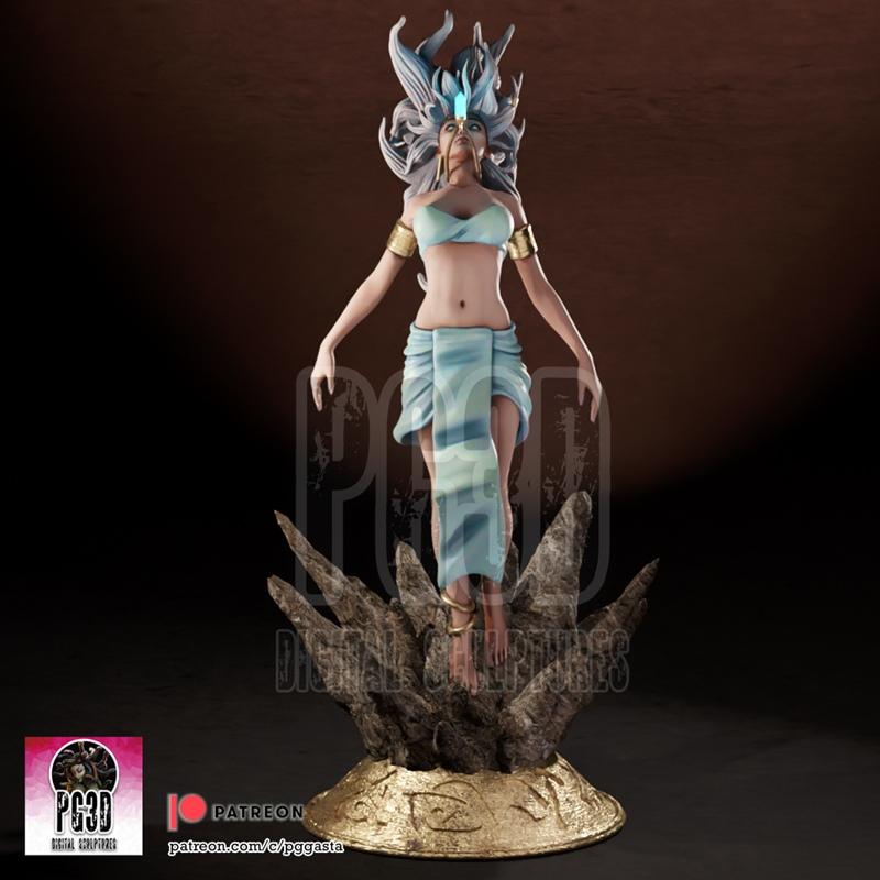 Princess Kida from Atlantis: The Lost Empire, depicted as a divine figure with flowing white and blue hair and a crys...