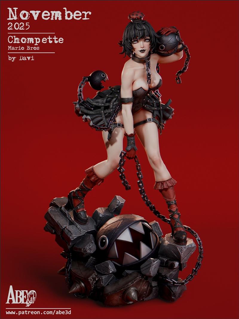 Abe3D Chompette 3D model figure, gothic style, wearing revealing black outfit and thigh-high boots, holding a chain,...