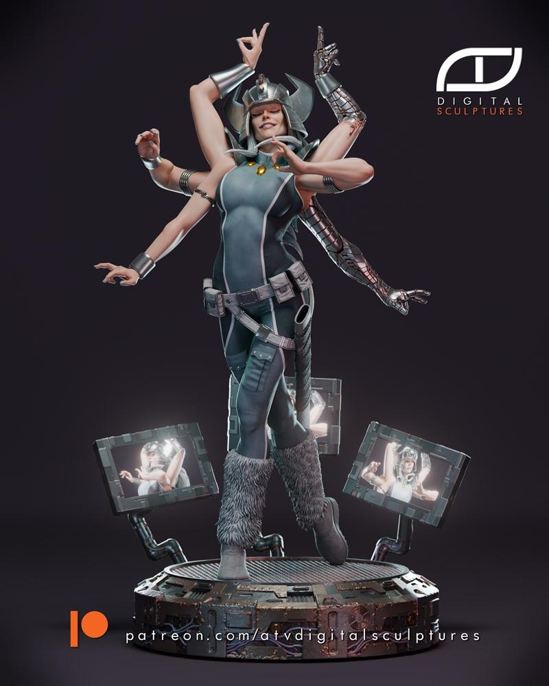 ATV Digital Sculptures 3D model of Spiral, a multi-armed cyborg character from X-Men, standing on a detailed sci-fi b...