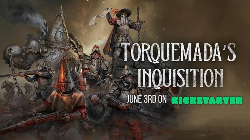 A group of armored soldiers and a large mechanical suit, titled "Torquemada's Inquisition," depicted in a d...