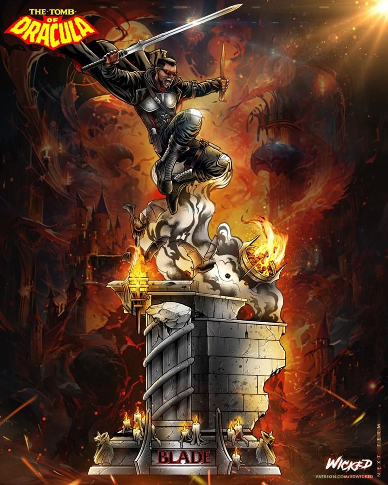 Blade the vampire hunter in a dynamic leaping pose, holding a sword and dagger, atop a stone monument with candles an...