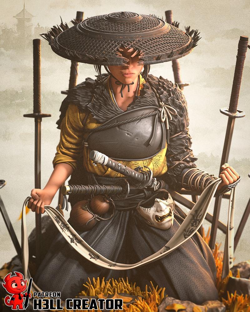 A warrior figure wearing a large straw hat and layered samurai armor, holding a sash and surrounded by katanas. A dec...