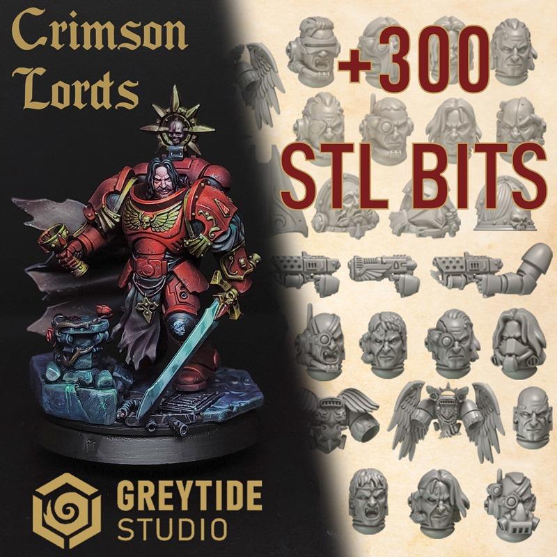 Crimson Lords Pack by GreyTide Studio, featuring a detailed space marine model in red power armor with sword and chal...